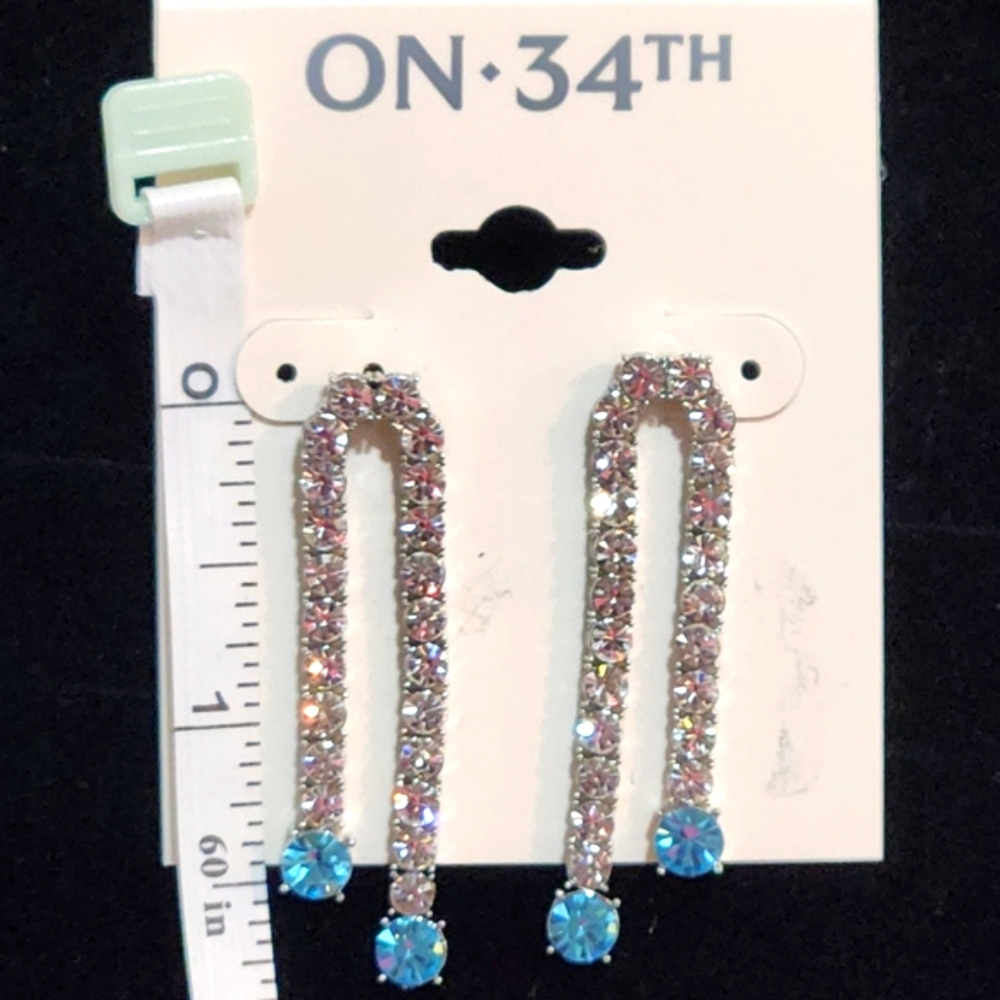 ON 34th Silver and Blue Rhinestone Dangling Earrings NWT